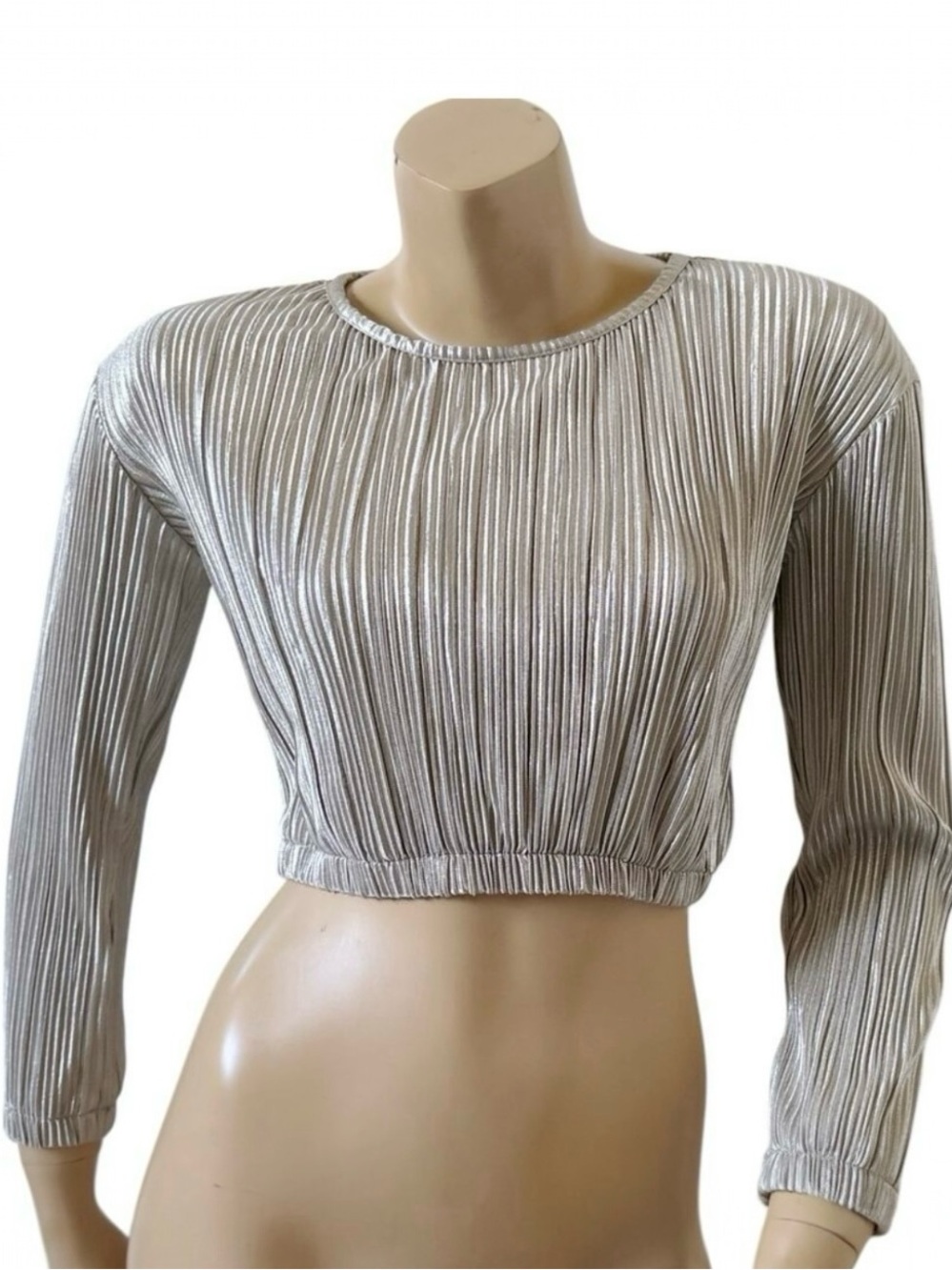 Copper Key Silver Pleated Crop Top Womens Large NWT Long Sleeve Stretch Juniors